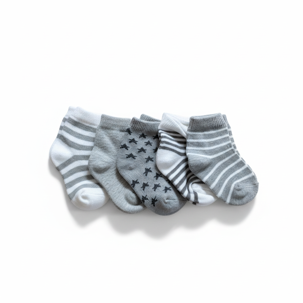 Babystrumpor 5-pack i grått och vitt med ränder och stjärnmönster – helvy, vit bakgrund