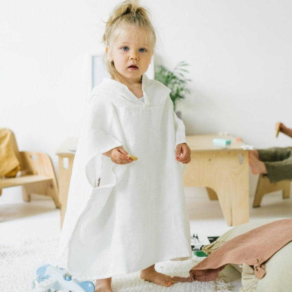 Linen Fine Waffle Poncho for Kids - White