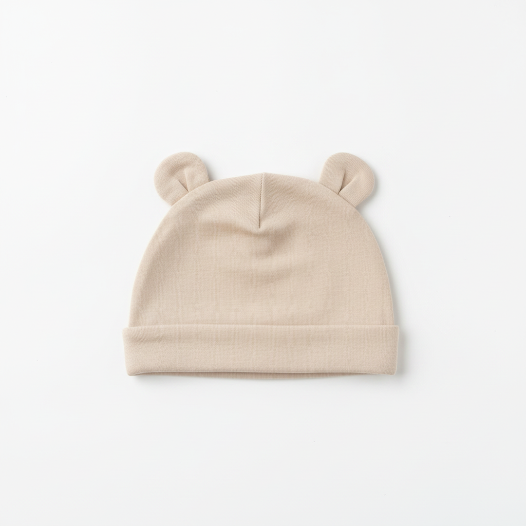 Beige babymössa med björnöron – vit bakgrund