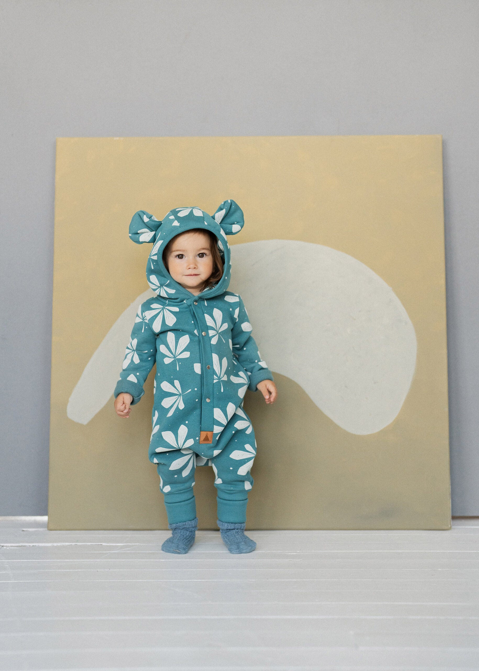 Eared Jumpsuit for Babies and Kids - Chestnut Leaves on Green