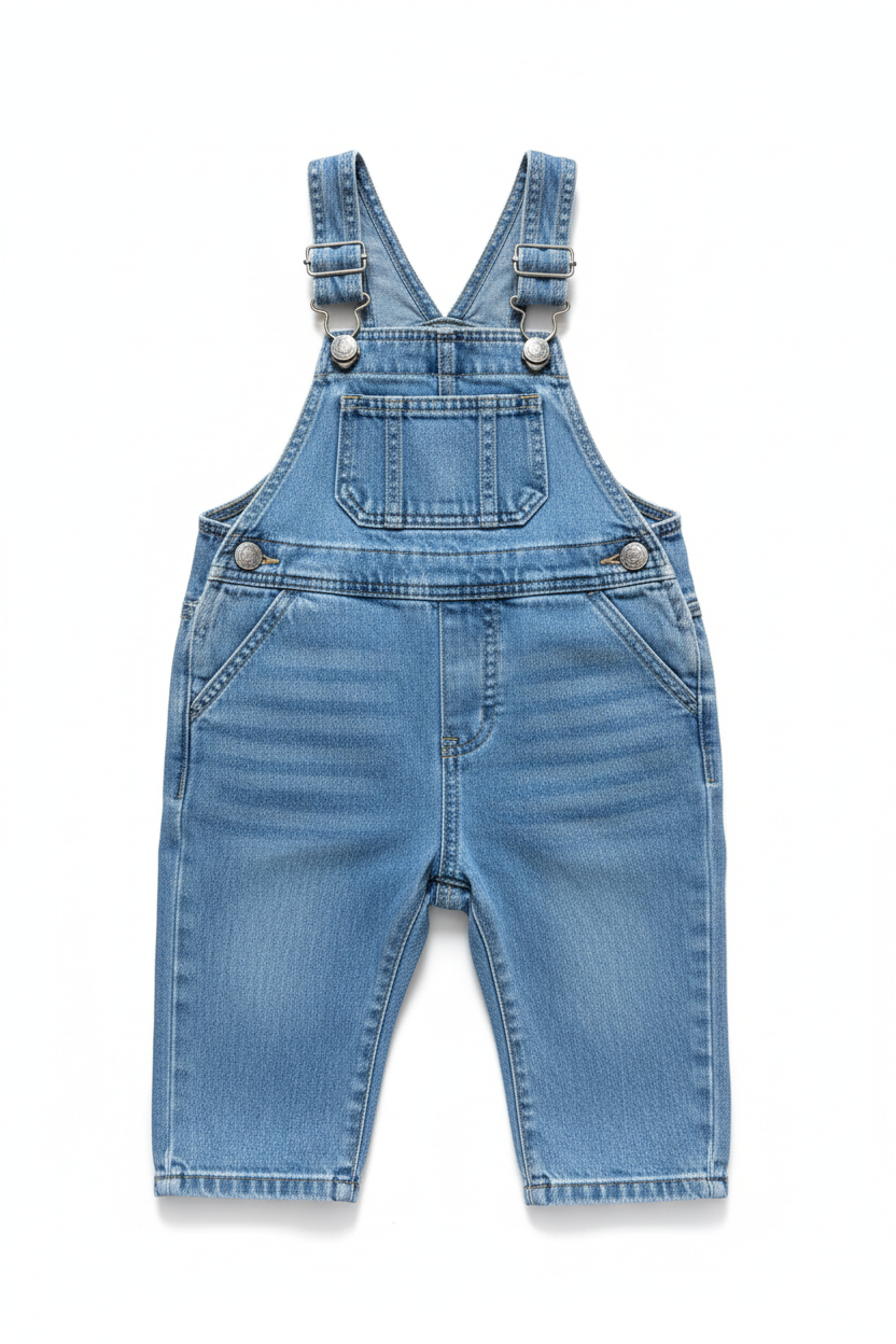 Ljusblå jeans hängselbyxor för baby med två framfickor – framsida helvy, vit bakgrund