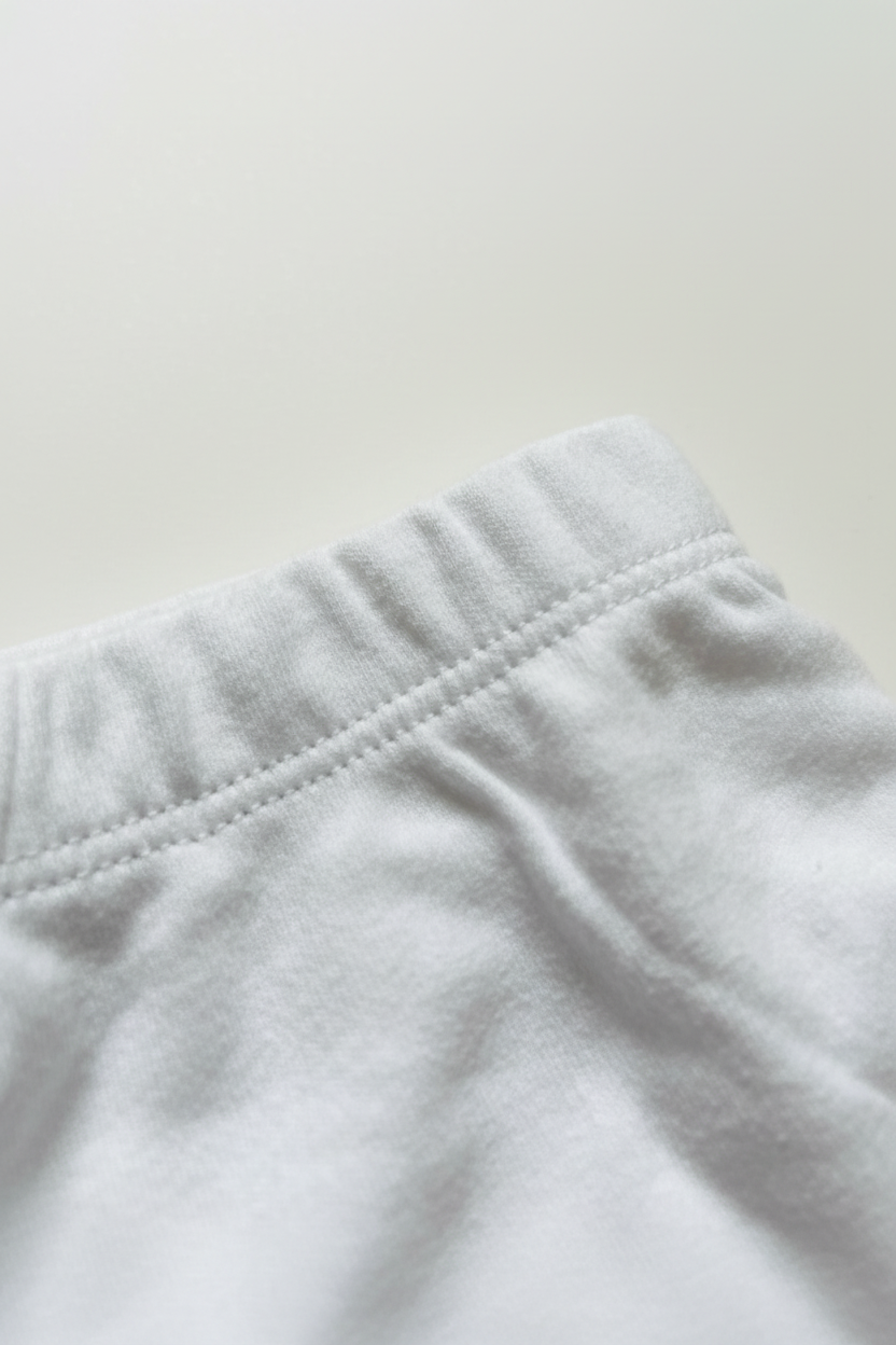 Vita enfärgade babybyxor – närbild på elastiskt midjeband, vit bakgrund
