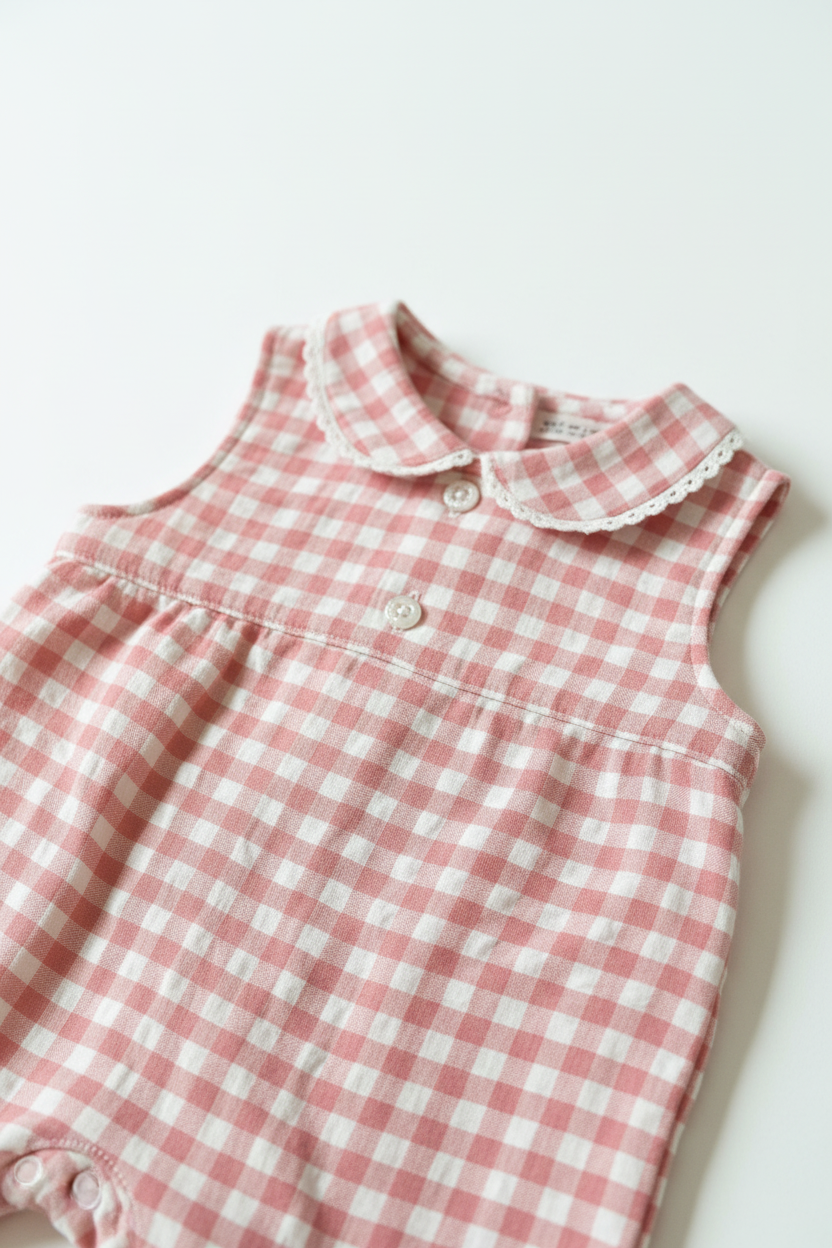 Rutig sommardress – närbild på rosa ginghamtyg, vit bakgrund