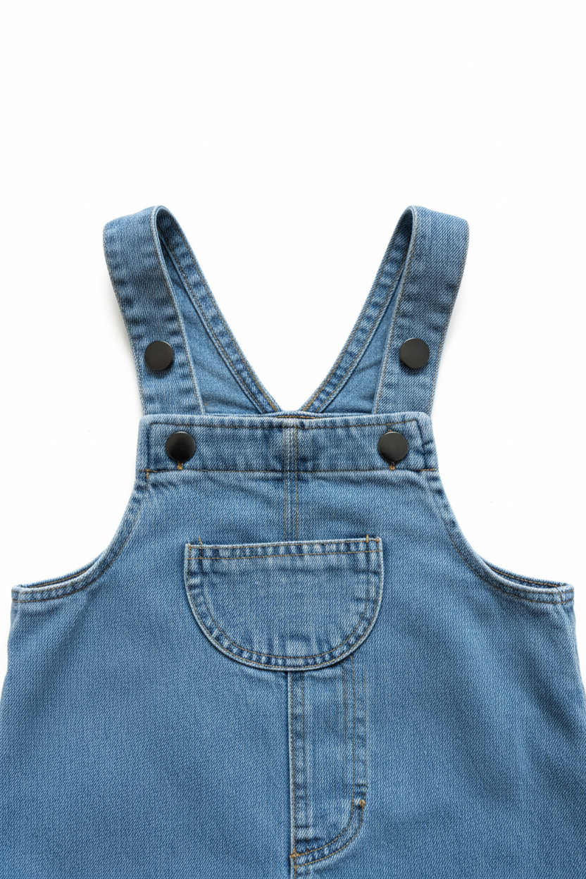 Baby hängselbyxor i denim – närbild på hängslen och svarta tryckknappar, vit bakgrund