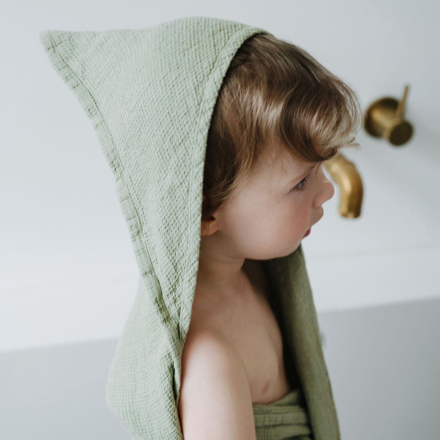 Linen Hooded Waffle Towel for Kids - Sage